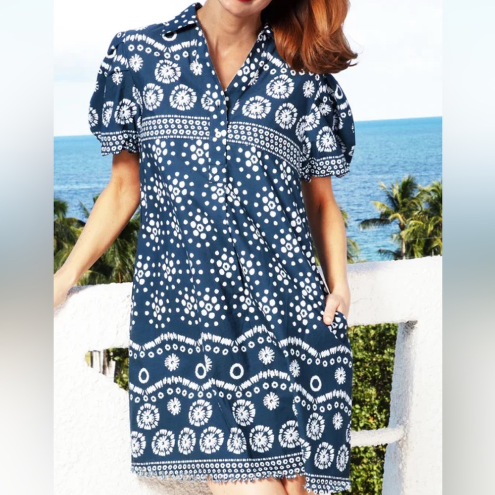 Never Worn - Beaufort Dress in Teal Puff Sleeve Ikat Print by Dizzy Lizzie
